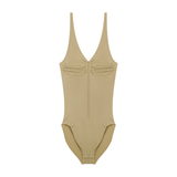CARAMEL GLAZE FULL ZIP RUCHED BODYSUIT